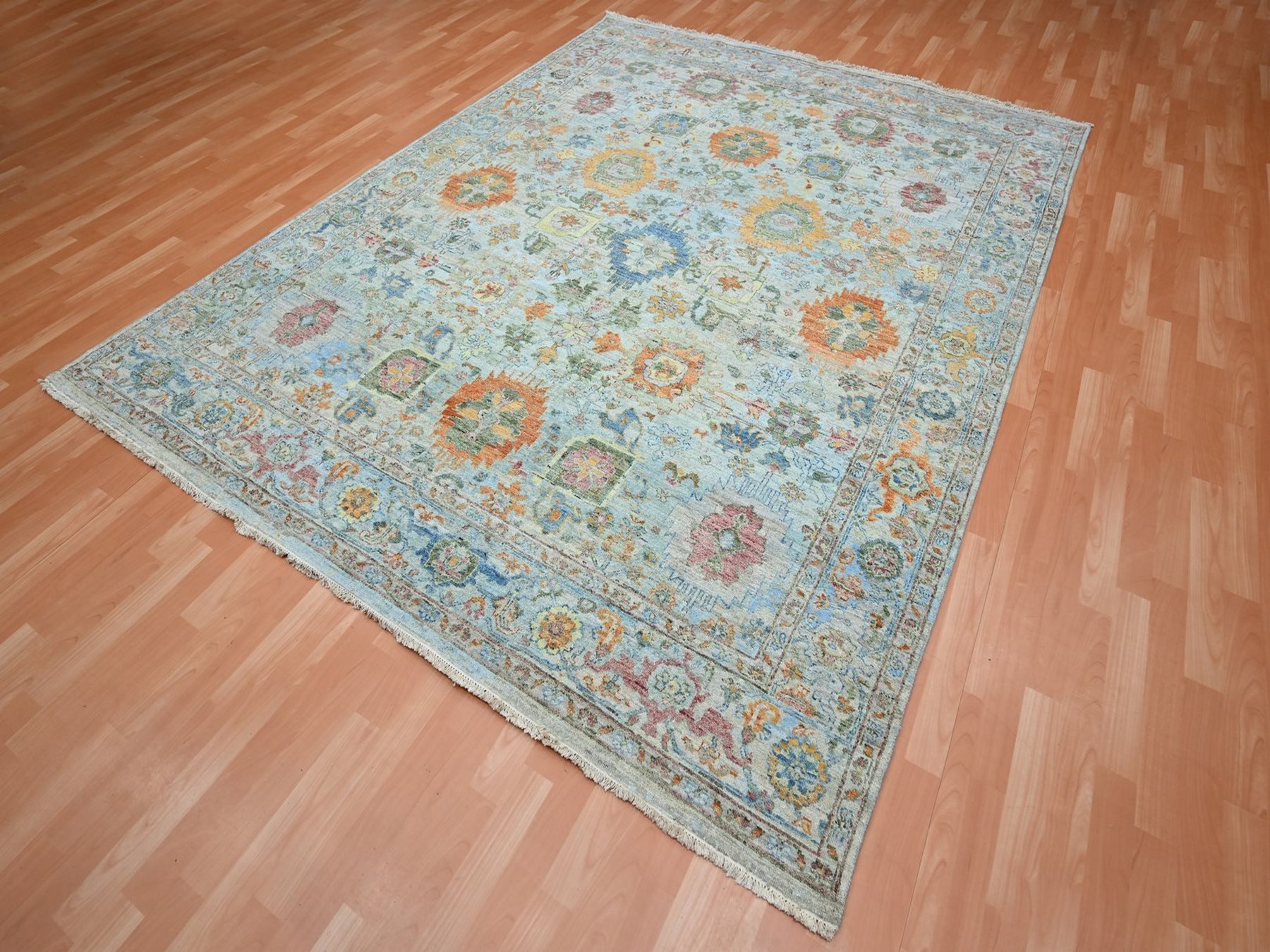 8'x10' Beau Blue with Orange Leafs, Sultanabad Reimagined, Hand Knotted, Pure Wool, Zero Pile, Cropped Low, Vegetable Dyes, Oriental Rug HR75797 - Image 3