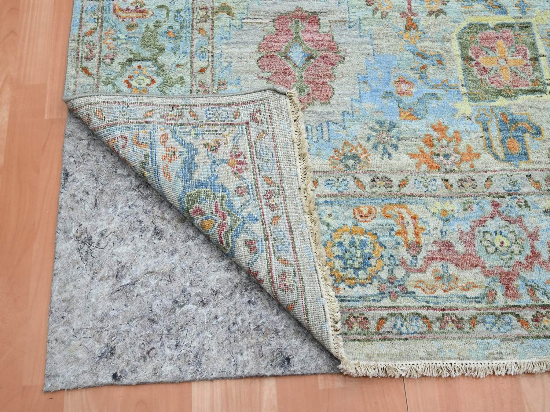 8'x10' Beau Blue with Orange Leafs, Sultanabad Reimagined, Hand Knotted, Pure Wool, Zero Pile, Cropped Low, Vegetable Dyes, Oriental Rug HR75797 - Image 4