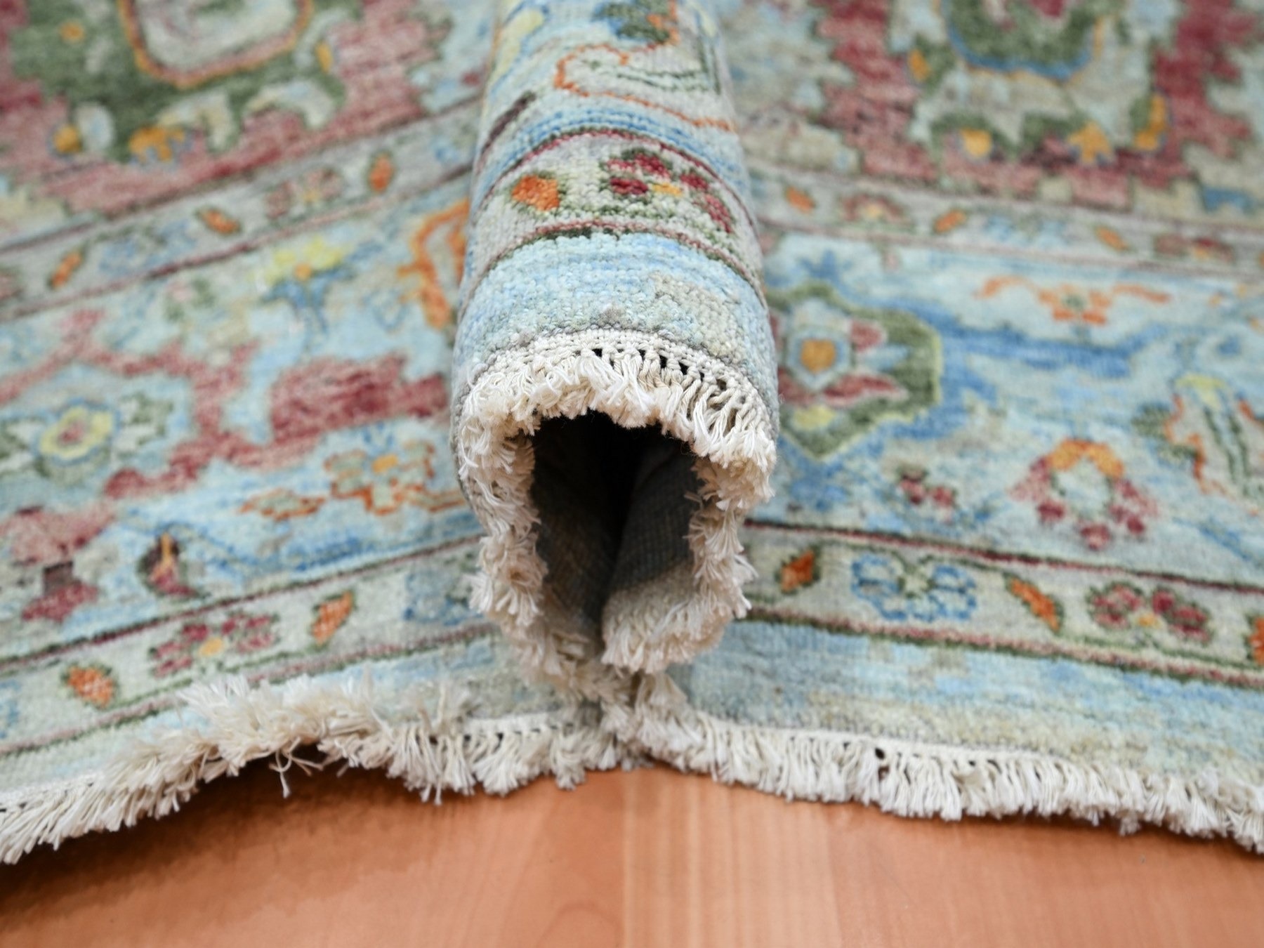 8'x10' Beau Blue with Orange Leafs, Sultanabad Reimagined, Hand Knotted, Pure Wool, Zero Pile, Cropped Low, Vegetable Dyes, Oriental Rug HR75797 - Image 5