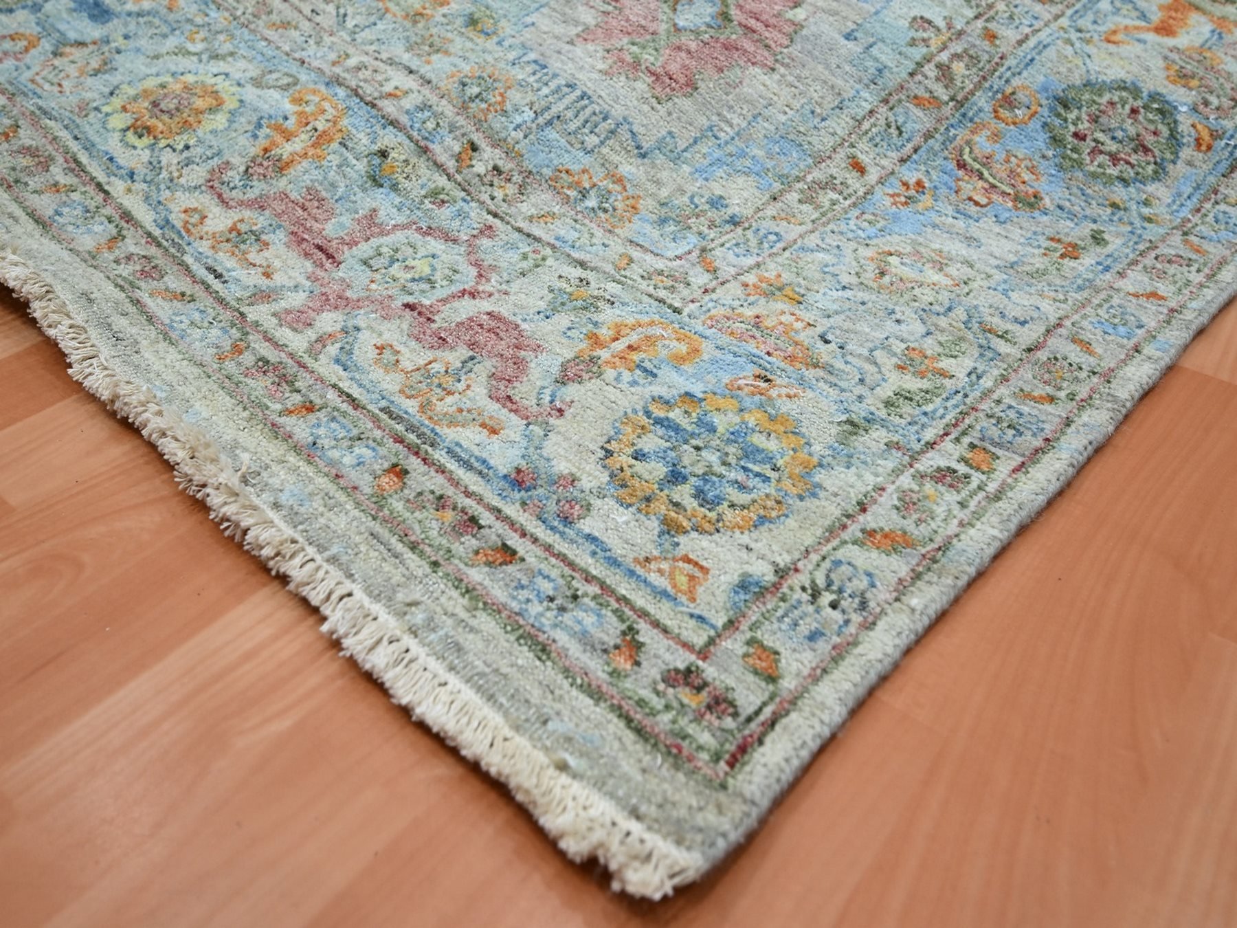 8'x10' Beau Blue with Orange Leafs, Sultanabad Reimagined, Hand Knotted, Pure Wool, Zero Pile, Cropped Low, Vegetable Dyes, Oriental Rug HR75797 - Image 6