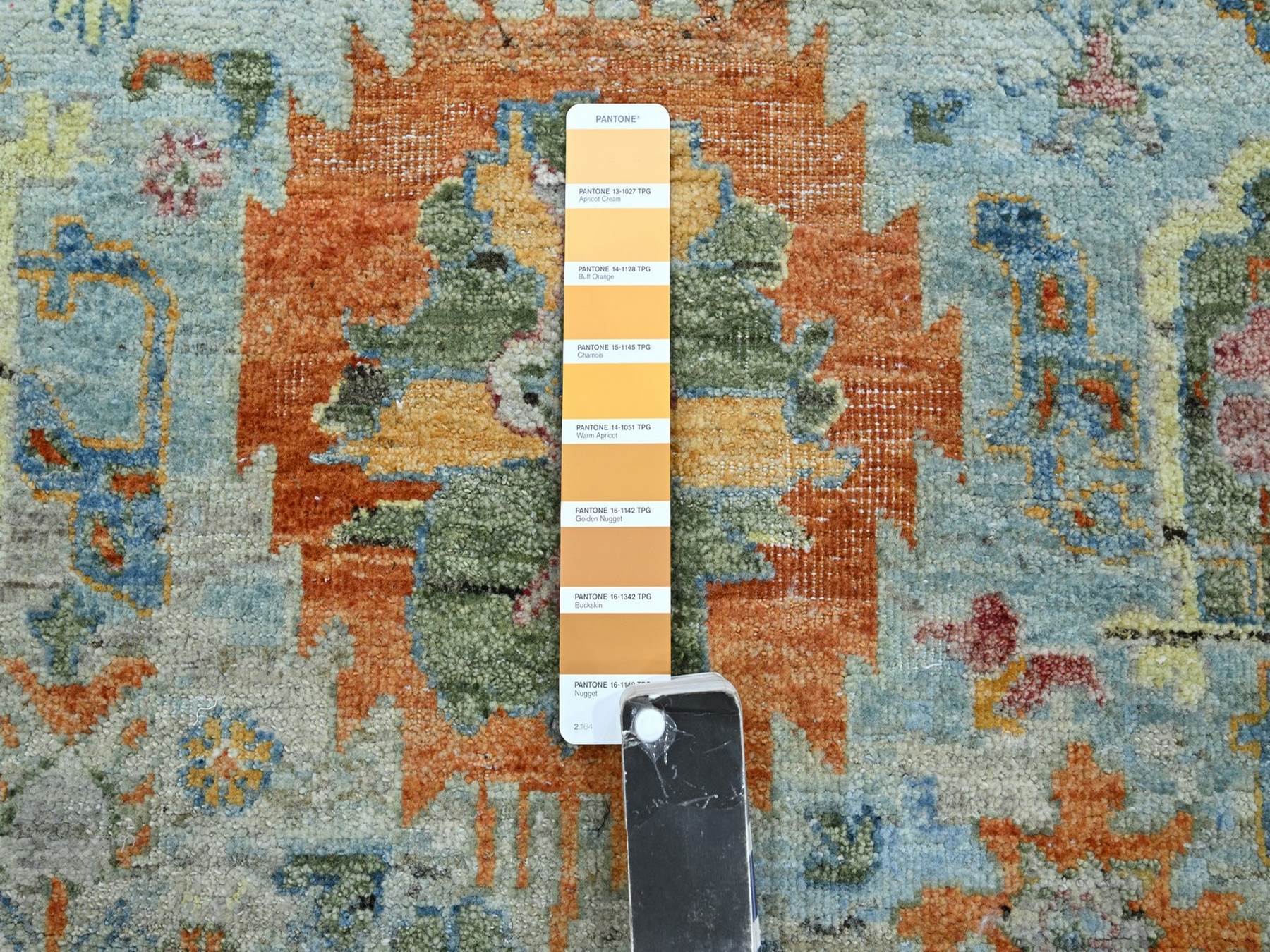 8'x10' Beau Blue with Orange Leafs, Sultanabad Reimagined, Hand Knotted, Pure Wool, Zero Pile, Cropped Low, Vegetable Dyes, Oriental Rug HR75797 - Image 7