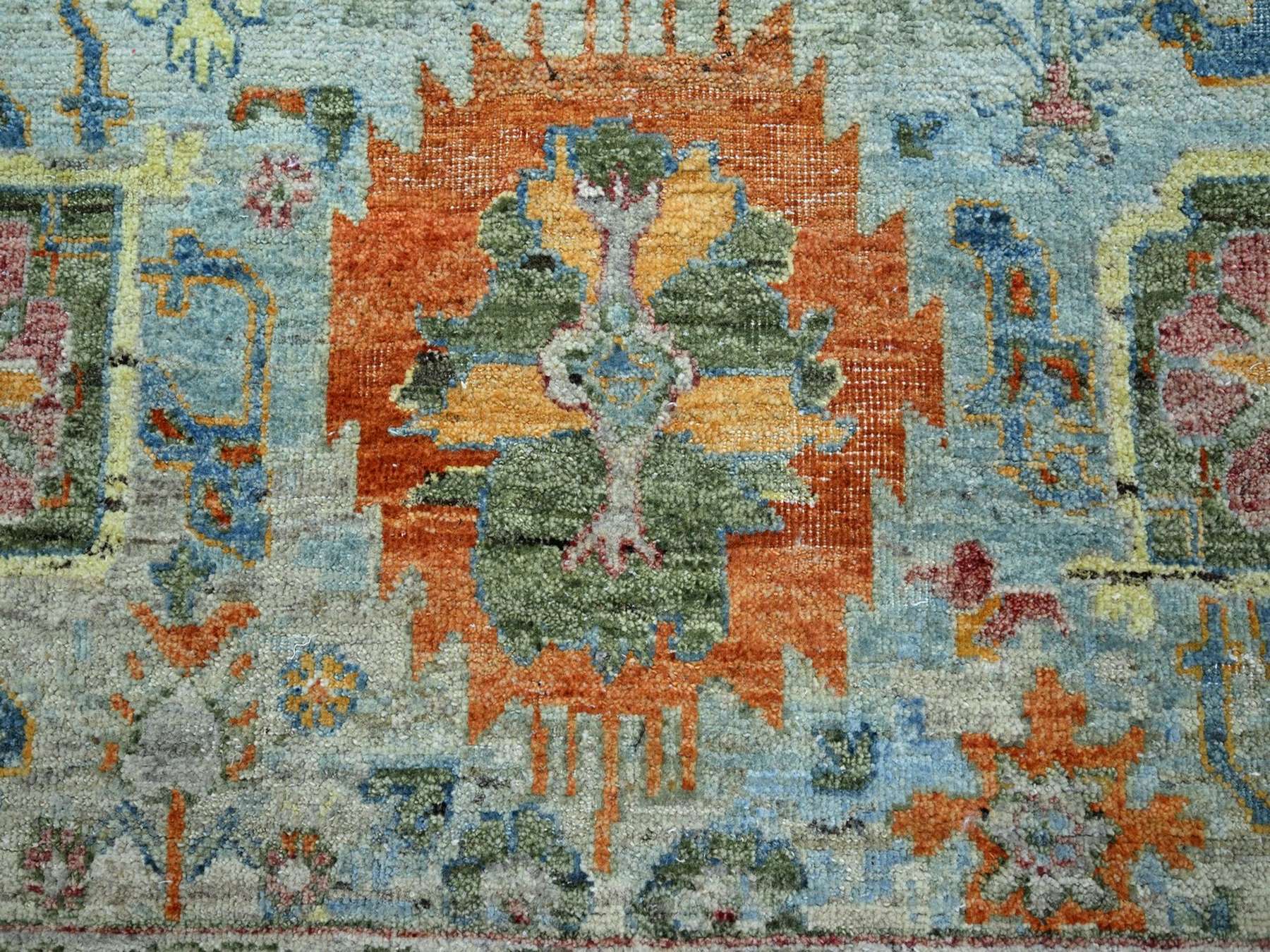 8'x10' Beau Blue with Orange Leafs, Sultanabad Reimagined, Hand Knotted, Pure Wool, Zero Pile, Cropped Low, Vegetable Dyes, Oriental Rug HR75797 - Image 8