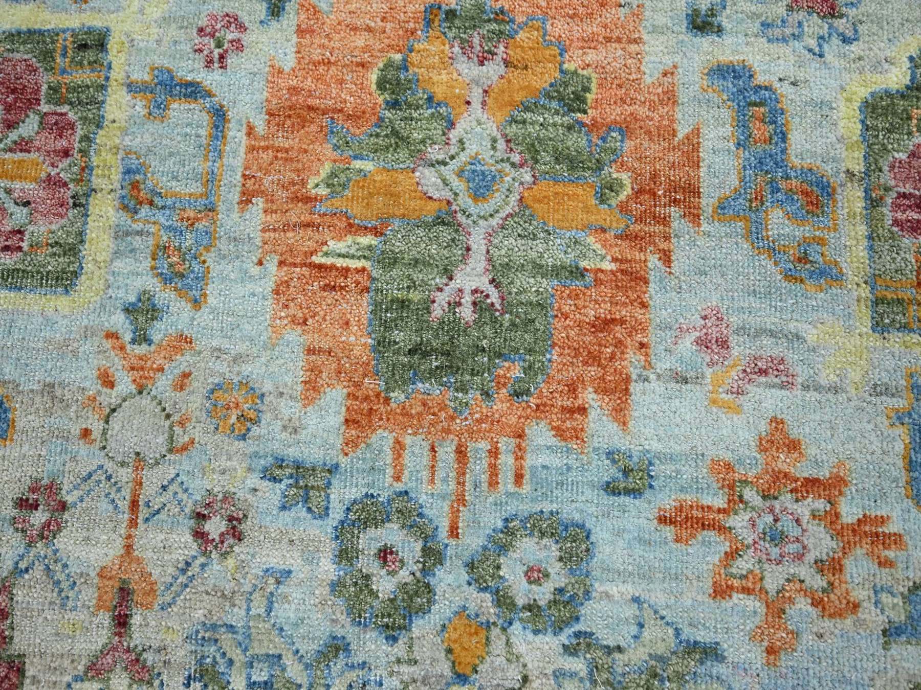 12'x12' Powder Blue, Sultanabad Reimagined with Orange Leafs, Hand Knotted, Pure Wool, Zero Pile, Cropped Thin, Vegetable Dyes, Round, Oriental Rug HR75798 - Image 8
