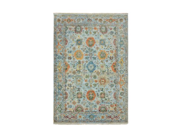 6'x9' Baby Blue with Orange Leafs, Sultanabad Reimagined, Hand Knotted, Pure Wool, Zero Pile, Cropped Low, Vegetable Dyes, Oriental Rug HR75802