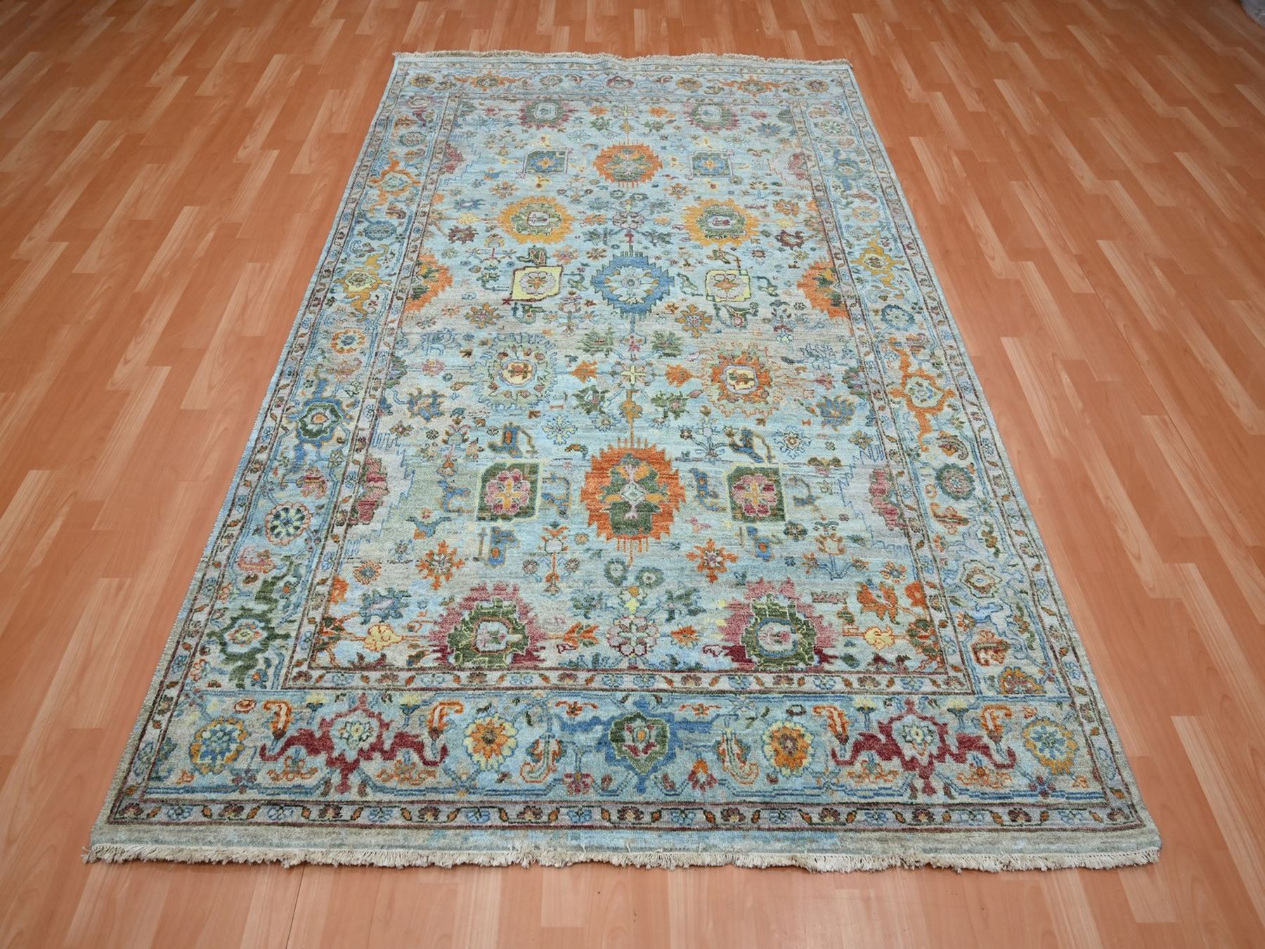 6'x9' Baby Blue with Orange Leafs, Sultanabad Reimagined, Hand Knotted, Pure Wool, Zero Pile, Cropped Low, Vegetable Dyes, Oriental Rug HR75802 - Image 2