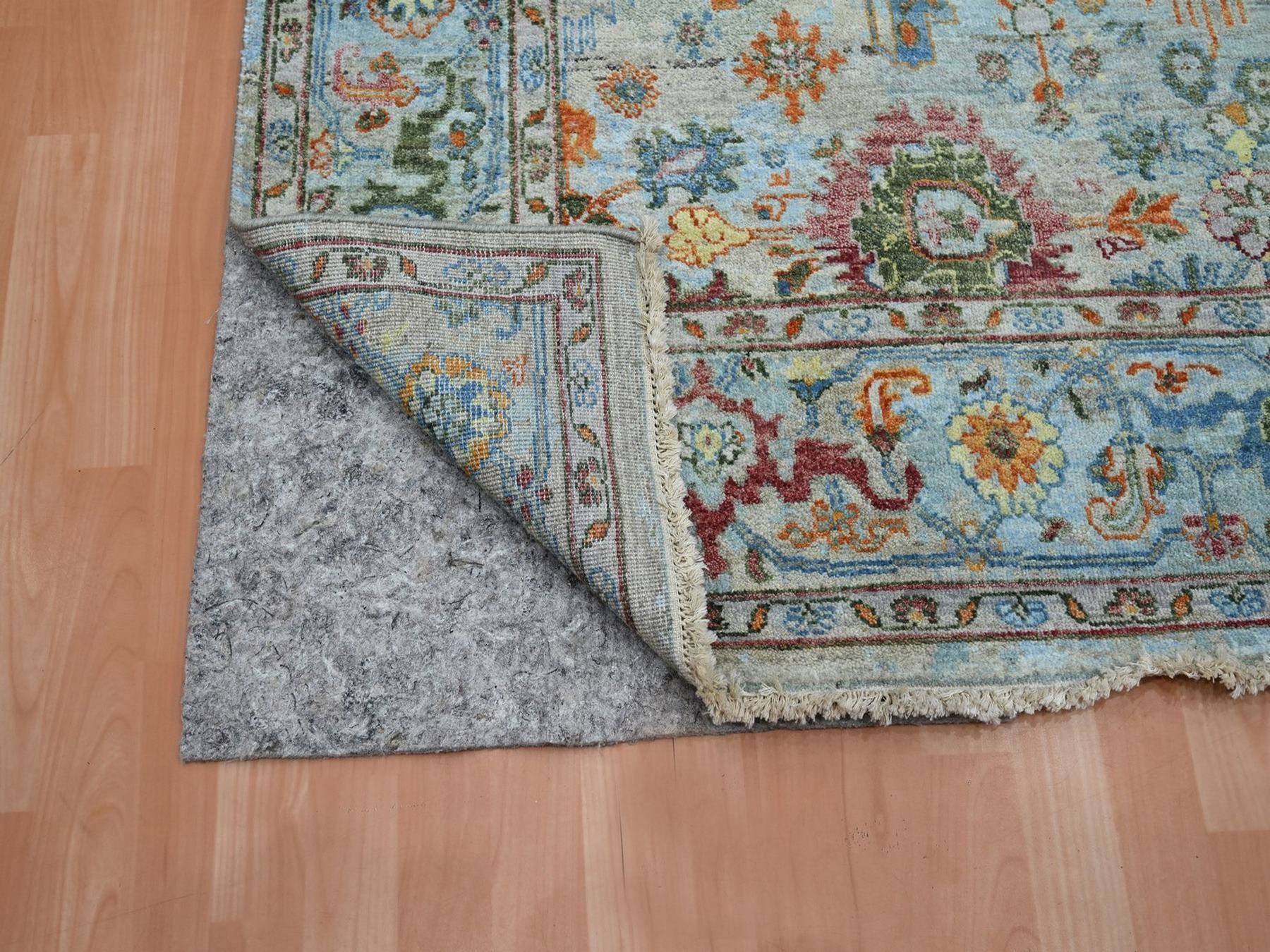 6'x9' Baby Blue with Orange Leafs, Sultanabad Reimagined, Hand Knotted, Pure Wool, Zero Pile, Cropped Low, Vegetable Dyes, Oriental Rug HR75802 - Image 4