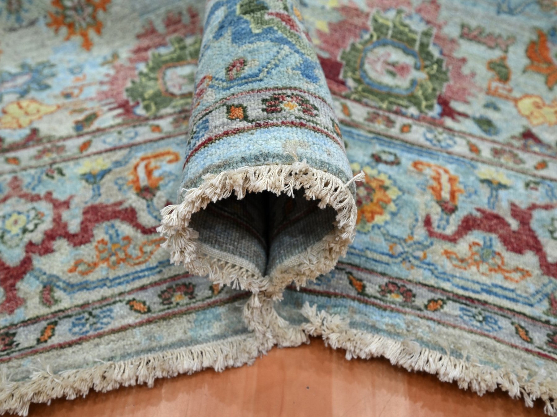 6'x9' Baby Blue with Orange Leafs, Sultanabad Reimagined, Hand Knotted, Pure Wool, Zero Pile, Cropped Low, Vegetable Dyes, Oriental Rug HR75802 - Image 5