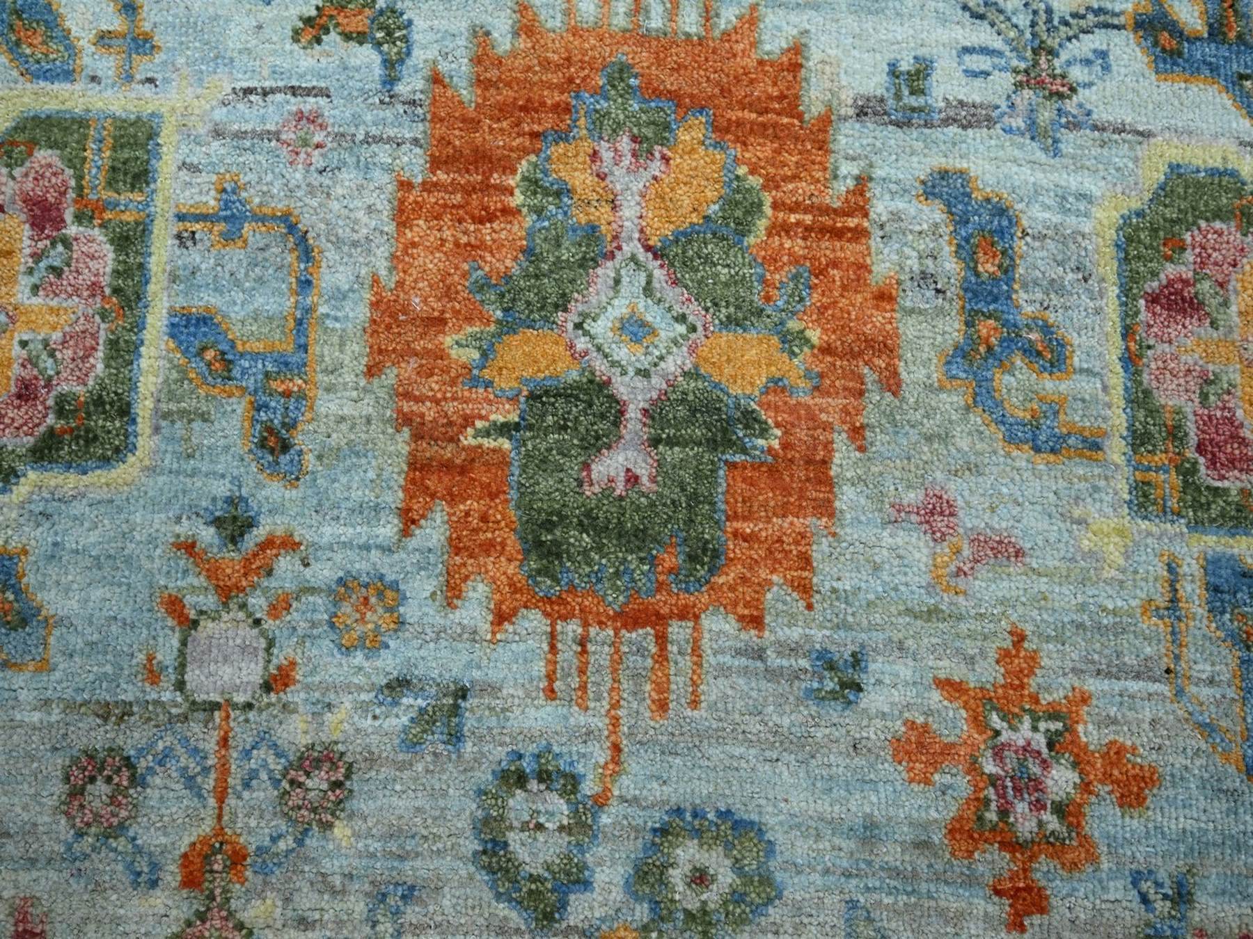 6'x9' Baby Blue with Orange Leafs, Sultanabad Reimagined, Hand Knotted, Pure Wool, Zero Pile, Cropped Low, Vegetable Dyes, Oriental Rug HR75802 - Image 8
