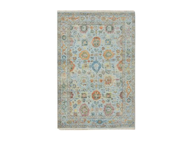 3'10"x6' Light Blue, Orange Leafs, Sultanabad Reimagined, Hand Knotted, Pure Wool, Zero Pile, Cropped Low, Vegetable Dyes, Oriental Rug HR75805