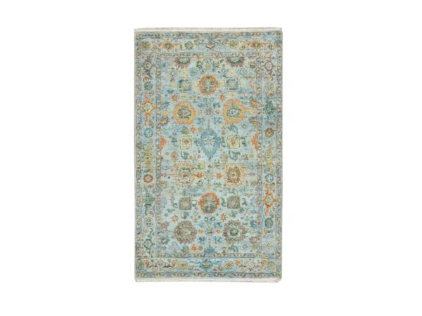 3'x5' Beau Blue, Orange Leafs, Sultanabad Reimagined, Cropped Thin, Hand Knotted, Pure Wool, Zero Pile, Vegetable Dyes, Oriental Rug HR75807