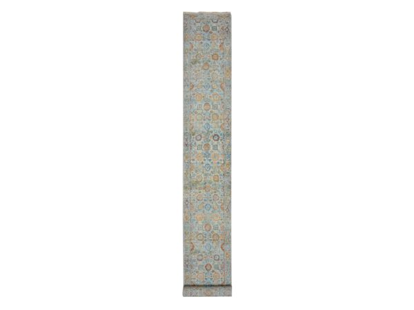 2'5"x24'10" Baby Blue, Sultanabad Reimagined with Orange Leafs, Hand Knotted, Pure Wool, Zero Pile, Cropped Thin, Vegetable Dyes, Long and Narrow Runner, Oriental Rug HR75809