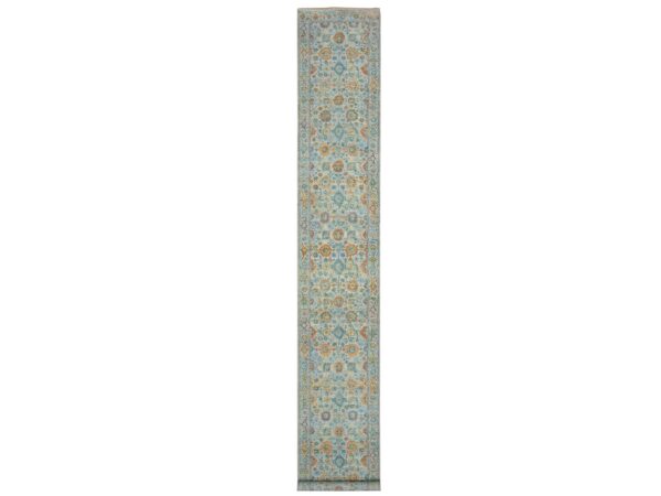 2'6"x17'10" Beau Blue, Orange Leafs, Sultanabad Reimagined, Hand Knotted, Pure Wool, Zero Pile, Cropped Low, Vegetable Dyes, XL Runner, Oriental Rug HR75810