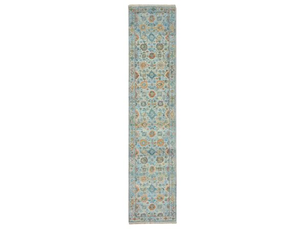 2'6"x11'10" Arctic Blue, Orange Leafs, Sultanabad Reimagined, Hand Knotted, Pure Wool, Zero Pile, Cropped Low, Vegetable Dyes, Runner, Oriental Rug HR75812