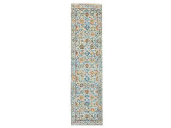 2'6"x10' Powder Blue with Orange Leafs, Sultanabad Reimagined, Hand Knotted, Pure Wool, Zero Pile, Cropped Low, Vegetable Dyes, Runner, Oriental Rug HR75813