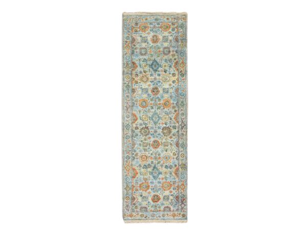 2'5"x8' Carolina Blue, Orange Leafs, Sultanabad Reimagined, Hand Knotted, Pure Wool, Zero Pile, Cropped Thin, Vegetable Dyes, Runner, Oriental Rug HR75814