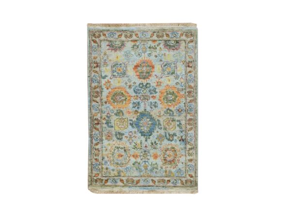 2'x3' Beau Blue, Sultanabad Reimagined with Orange Leafs, Hand Knotted, Pure Wool, Zero Pile, Cropped Low, Vegetable Dyes, Mat, Sample, Oriental Rug HR75819