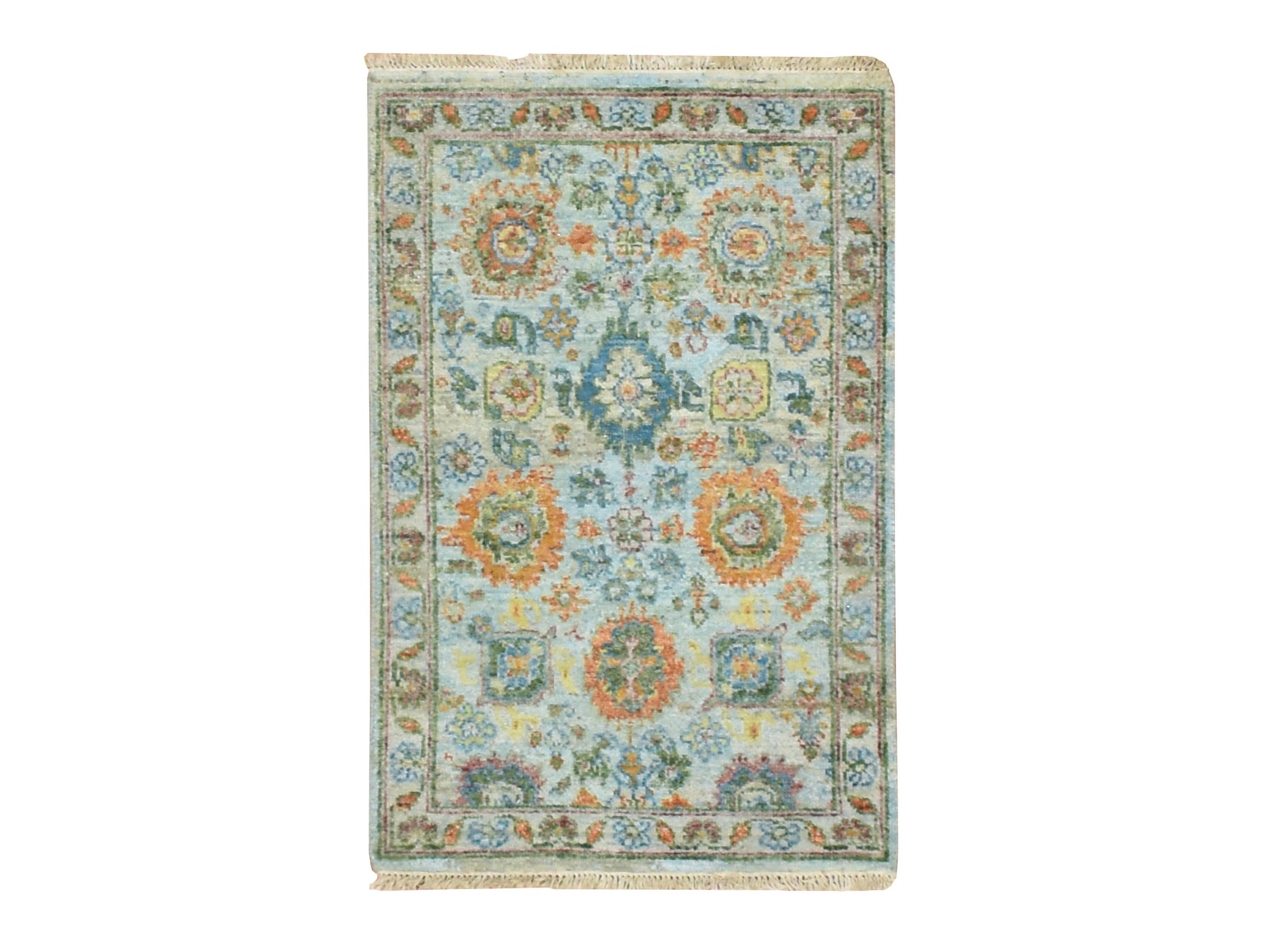 2'x3' Light Blue, Sultanabad Reimagined with Orange Leafs, Hand Knotted, Pure Wool, Zero Pile, Cropped Thin, Vegetable Dyes, Mat, Sample, Oriental Rug HR75822