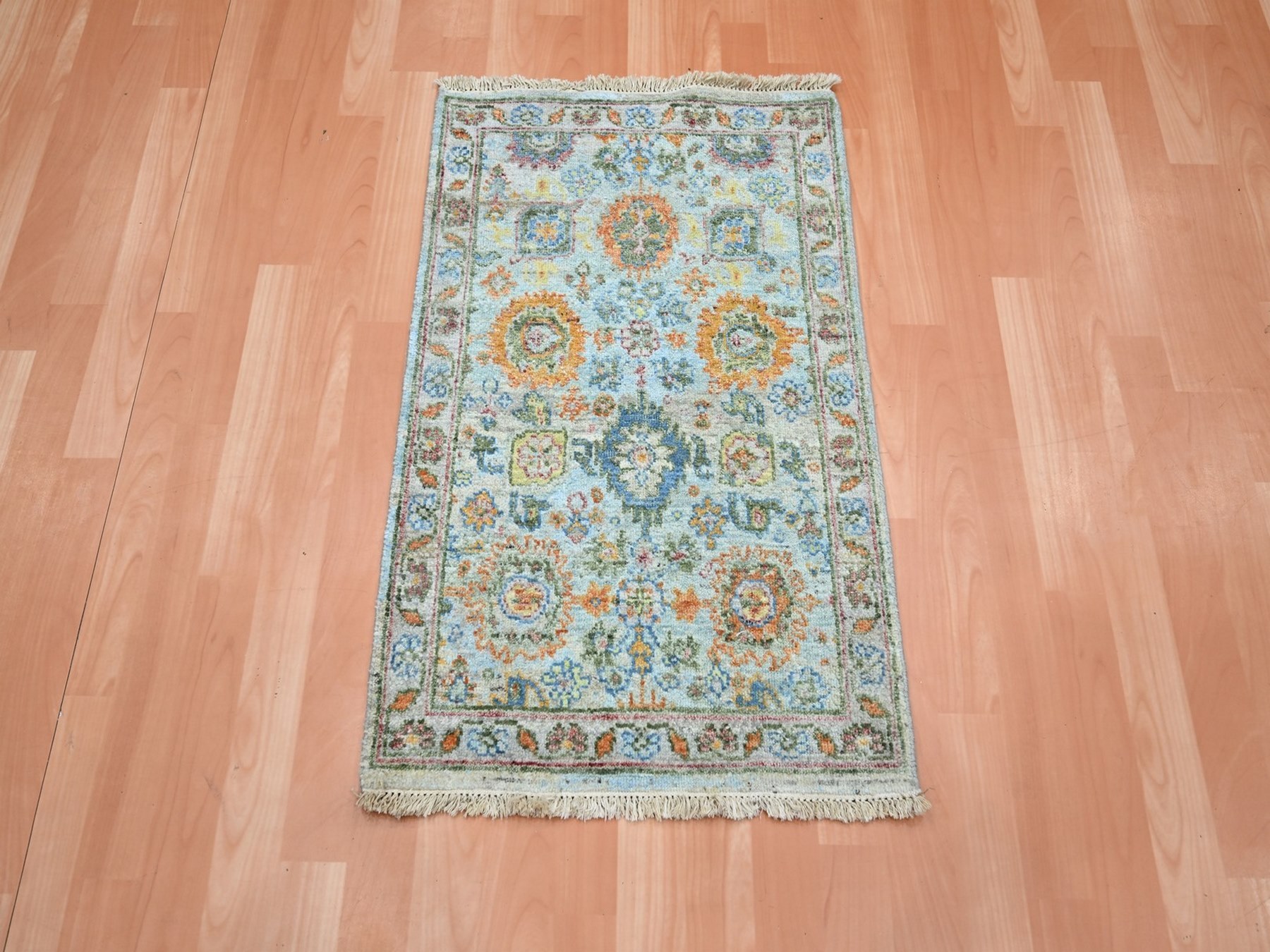 2'x3' Light Blue, Sultanabad Reimagined with Orange Leafs, Hand Knotted, Pure Wool, Zero Pile, Cropped Thin, Vegetable Dyes, Mat, Sample, Oriental Rug HR75822 - Image 2