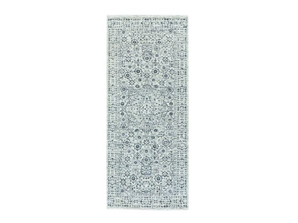 2'6"x6' Ghost White, Tone on Tone Design, Undyed 100% Wool, Hand Knotted, Mamluk Dynasty, Runner Oriental Rug HR79501