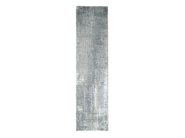 2'6"x9'9" Lava Gray, Wool and Silk, Hand Knotted, Dense Weave, Persian Knot, Abstract with Mosaic Design, Runner Oriental Rug HR84604
