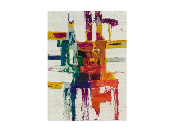4'x5'10" Castle Ivory, Modern Abstract Motifs and  Painter's Brush Strokes, Oriental Wool and Sari Silk Hand Knotted Rug HR90249