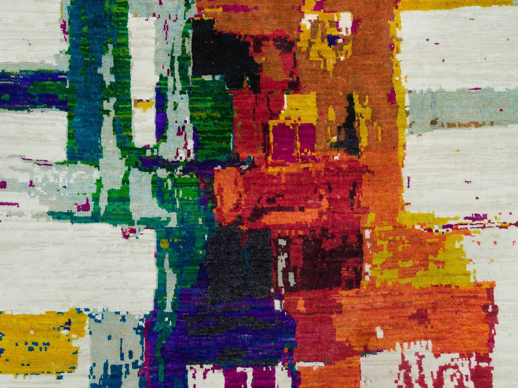 4'x5'10" Castle Ivory, Modern Abstract Motifs and Painter's Brush Strokes, Oriental Wool and Sari Silk Hand Knotted Rug HR90249 - Image 5