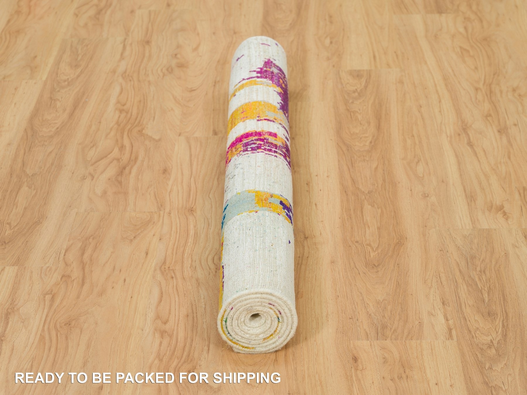 4'x5'10" Castle Ivory, Modern Abstract Motifs and Painter's Brush Strokes, Oriental Wool and Sari Silk Hand Knotted Rug HR90249 - Image 6