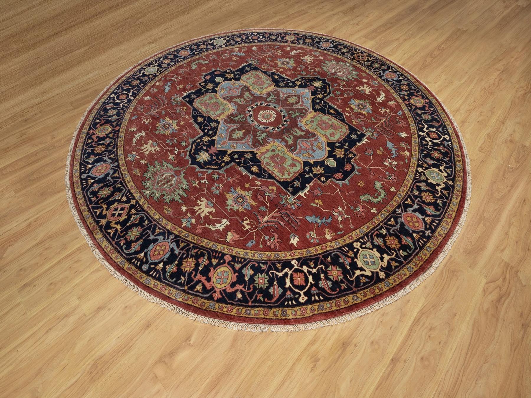 10'x10' Barn Red, Antiqued Fine Heriz Re-Creation, Hand Knotted, Hand Spun New Zealand Wool, Soft Pile, Vegetable Dyes, Denser Weave, Round, Oriental Rug HR91518 - Image 3