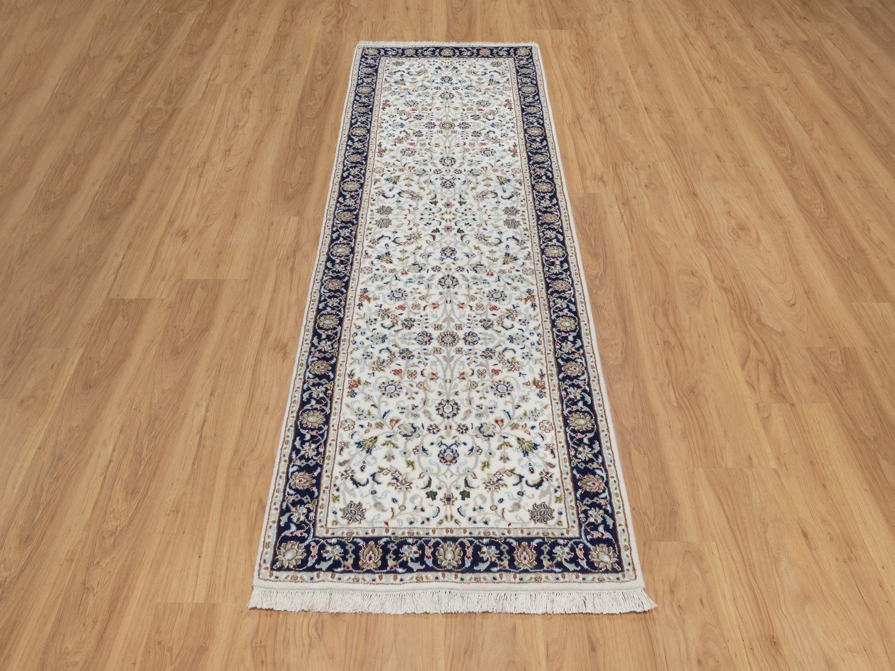 2'8"x8'3" Salt White, 250 KPSI, Nain with All Over Design, Hand Knotted, Wool and Silk, Soft Pile, Runner, Oriental Rug HR91995 - Image 2