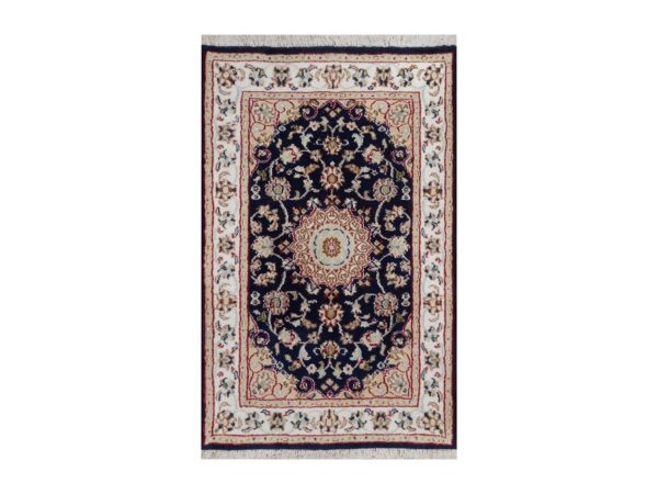 2'x3'2" Indigo Blue, Wool and Silk, 250 KPSI, Nain with Flower Medallion Design, Hand Knotted, Soft Pile, Mat, Oriental Rug HR91999