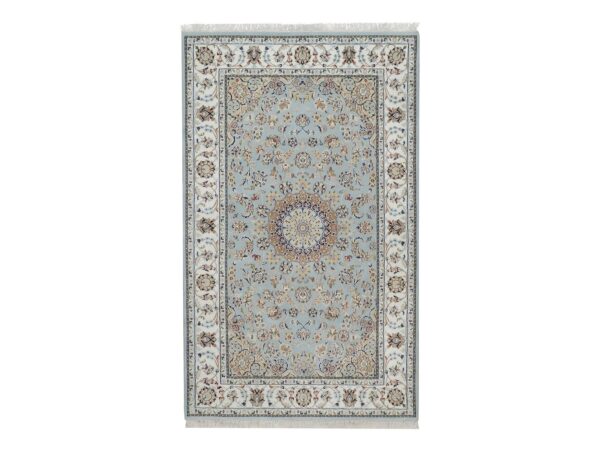 5'x8'1" Light Blue, Wool and Silk, 250 KPSI, Nain with Flower Medallion Design, Hand Knotted, Soft Pile, Oriental Rug HR92002