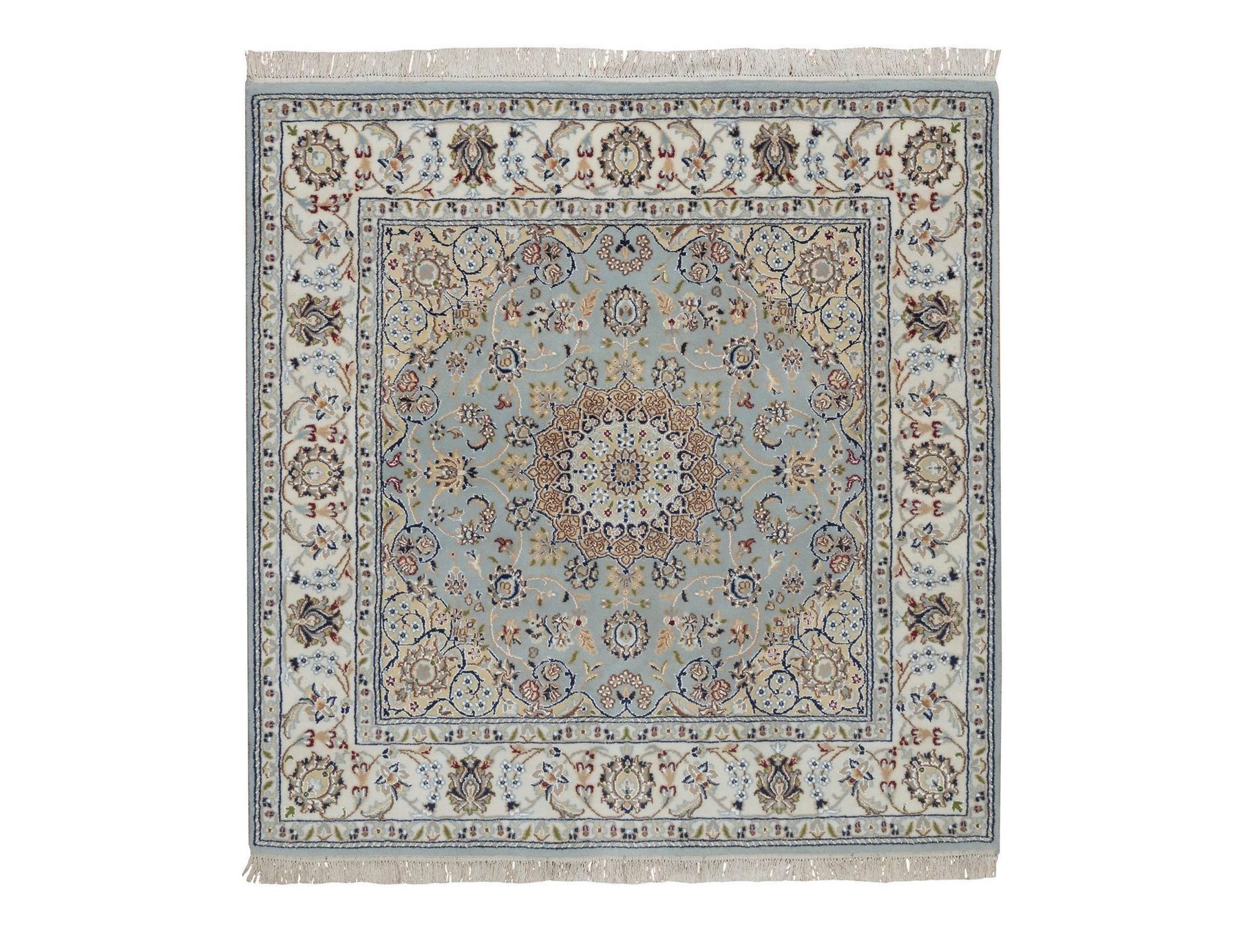 5'x5' Light Blue, 250 KPSI, Nain with Flower Medallion Design, Soft Pile, Wool and Silk, Hand Knotted, Square, Oriental Rug HR92007