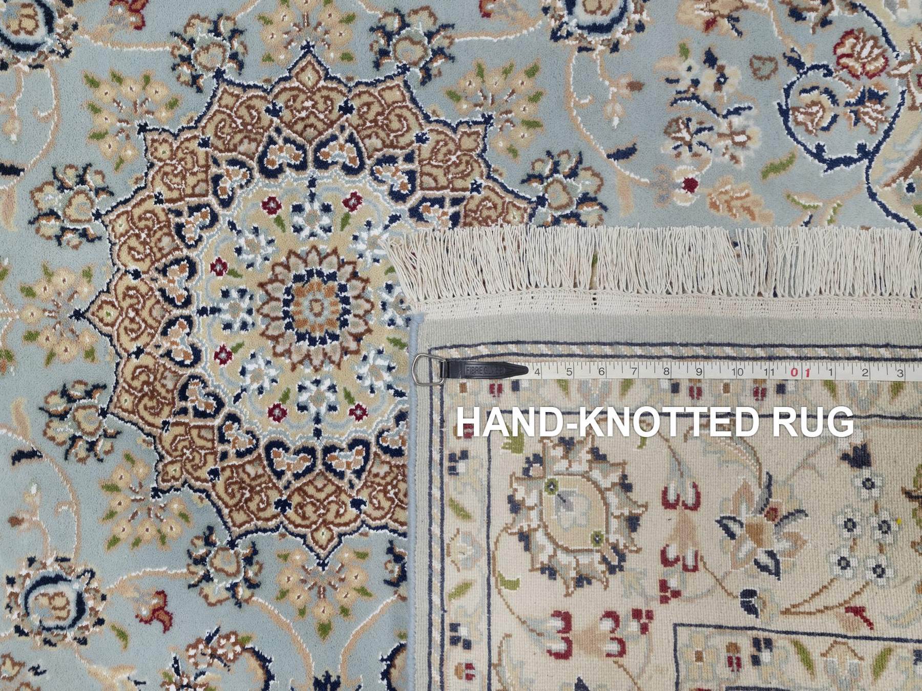 5'x5' Light Blue, 250 KPSI, Nain with Flower Medallion Design, Soft Pile, Wool and Silk, Hand Knotted, Square, Oriental Rug HR92007 - Image 8
