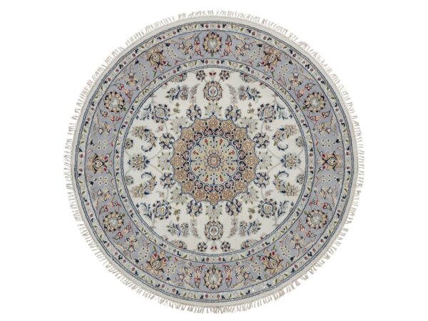 5'2"x5'2" Alabaster White, Nain with Flower Medallion Design, 250 KPSI, Soft Pile, Wool and Silk, Hand Knotted, Round, Oriental Rug SHR92012
