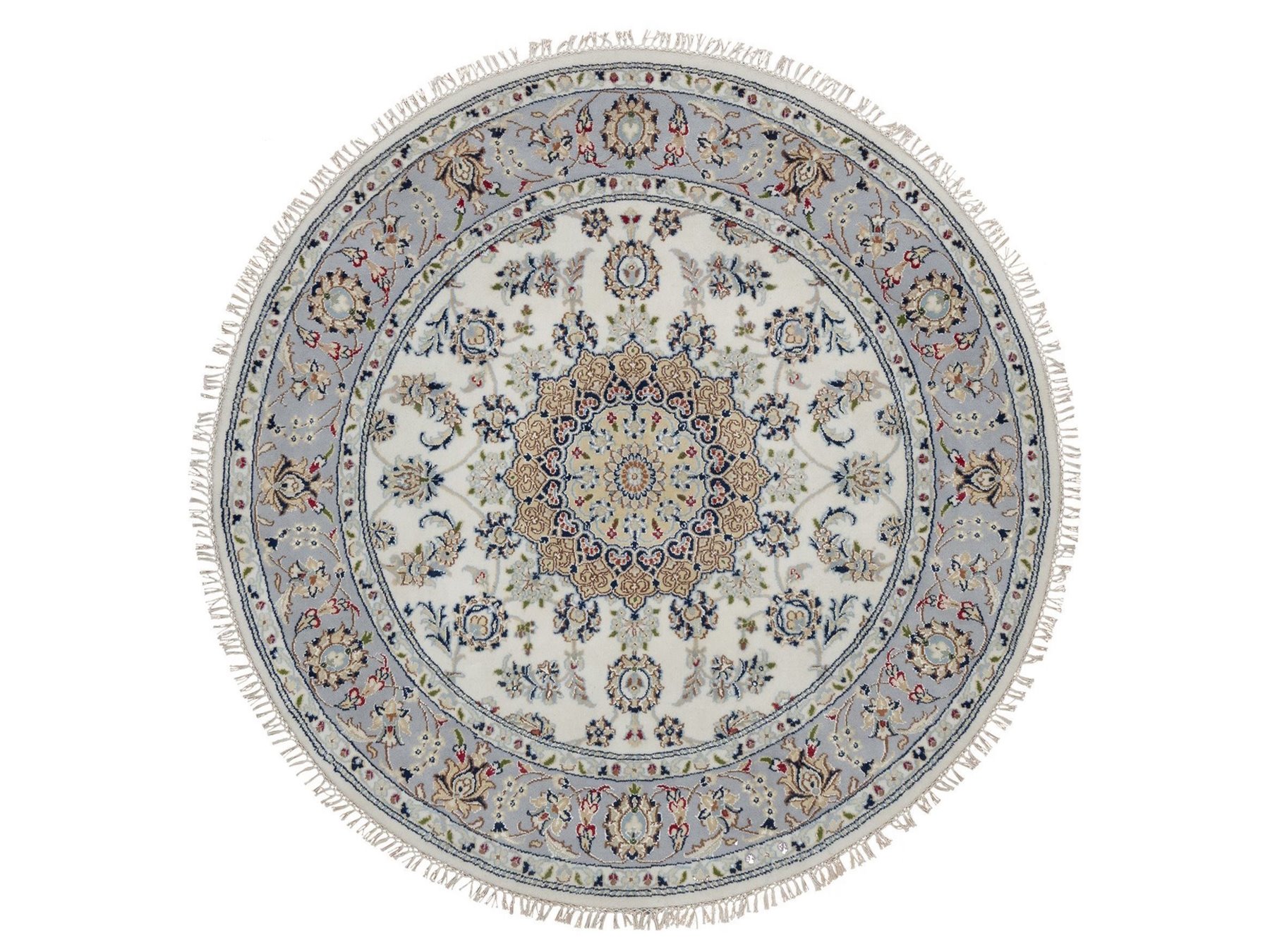 5'2"x5'2" Alabaster White, Nain with Flower Medallion Design, 250 KPSI, Soft Pile, Wool and Silk, Hand Knotted, Round, Oriental Rug SHR92012