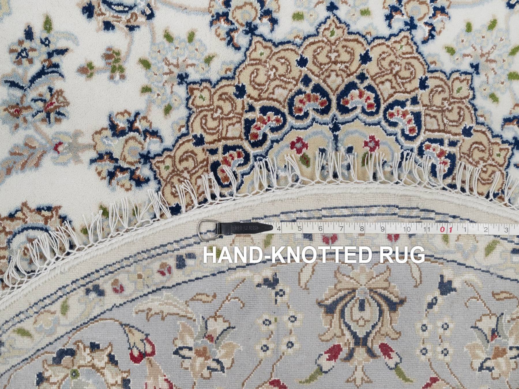 5'2"x5'2" Alabaster White, Nain with Flower Medallion Design, 250 KPSI, Soft Pile, Wool and Silk, Hand Knotted, Round, Oriental Rug SHR92012 - Image 8