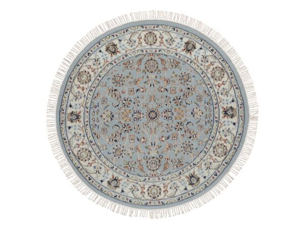4'x4' Pigeon Blue, Wool and Silk, 250 KPSI, Nain with All Over Design, Hand Knotted, Soft Pile, Round, Oriental Rug HR92025