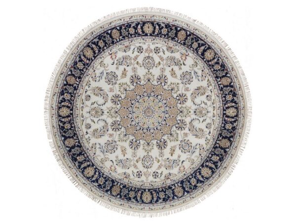 7'5"x7'5" Pearl White, Wool and Silk, 250 KPSI, Nain with Flower Medallion Design, Hand Knotted, Soft Pile, Round, Oriental Rug HR92027