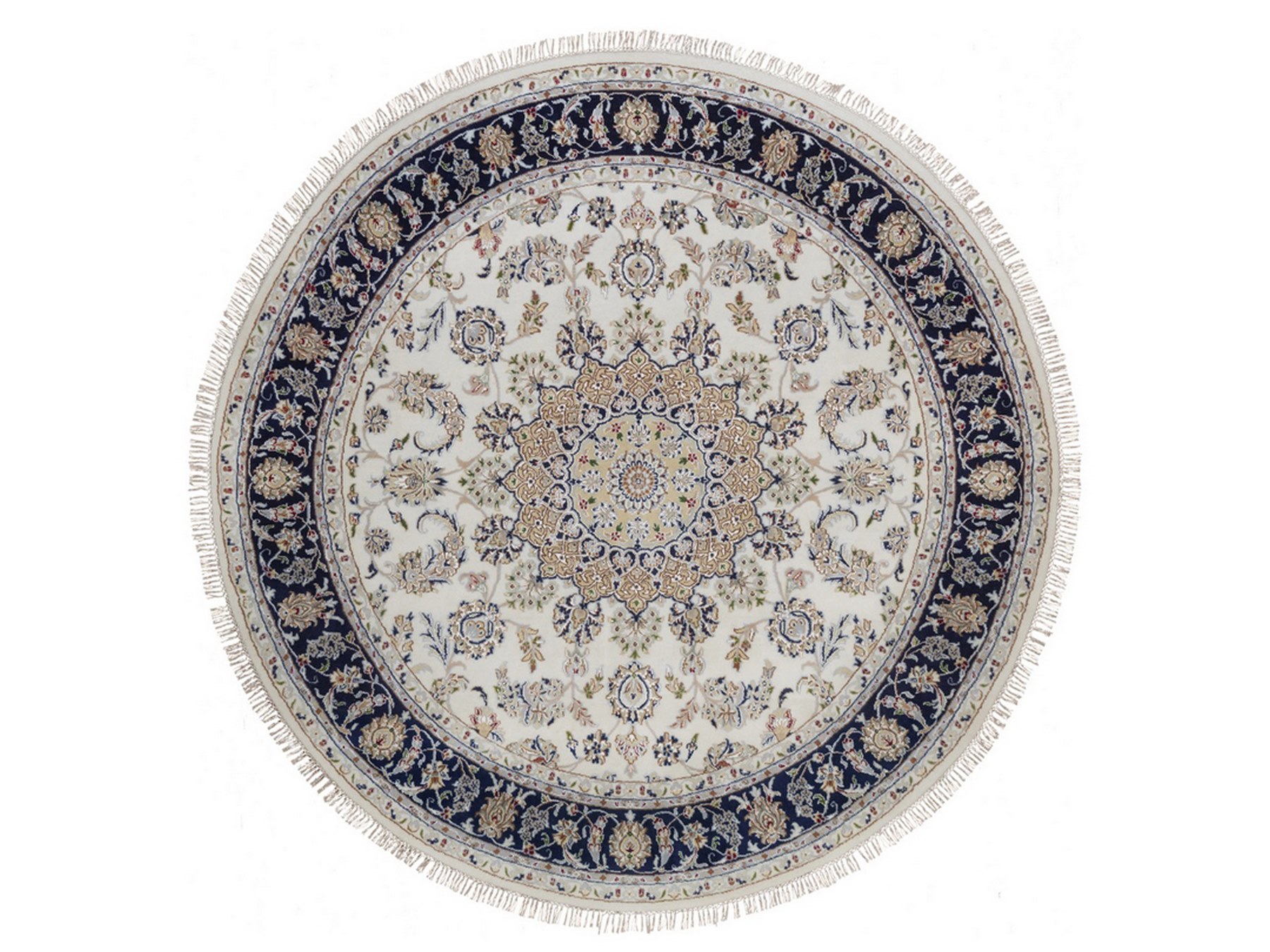 7'5"x7'5" Pearl White, Wool and Silk, 250 KPSI, Nain with Flower Medallion Design, Hand Knotted, Soft Pile, Round, Oriental Rug HR92027