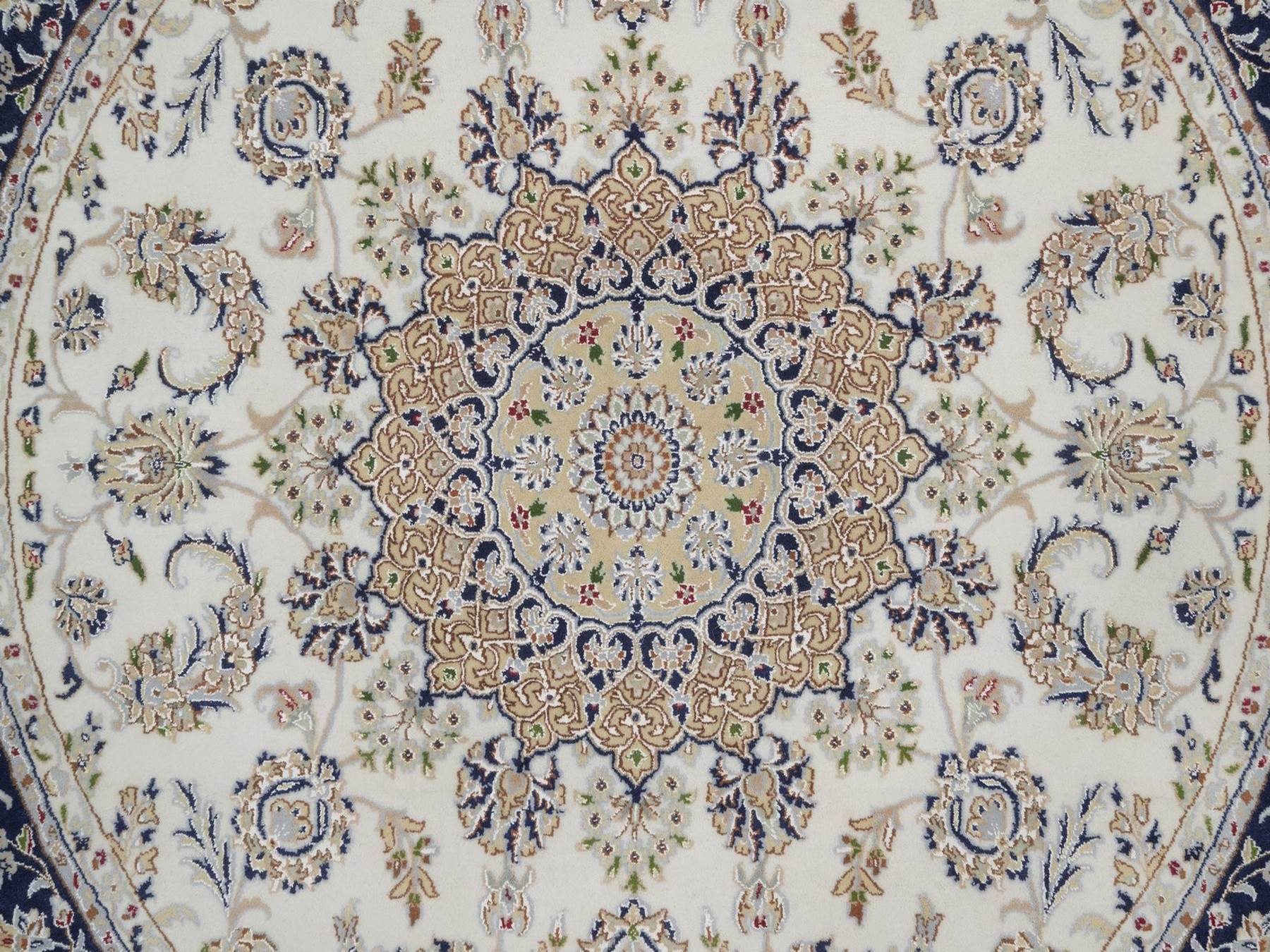 7'5"x7'5" Pearl White, Wool and Silk, 250 KPSI, Nain with Flower Medallion Design, Hand Knotted, Soft Pile, Round, Oriental Rug HR92027 - Image 5