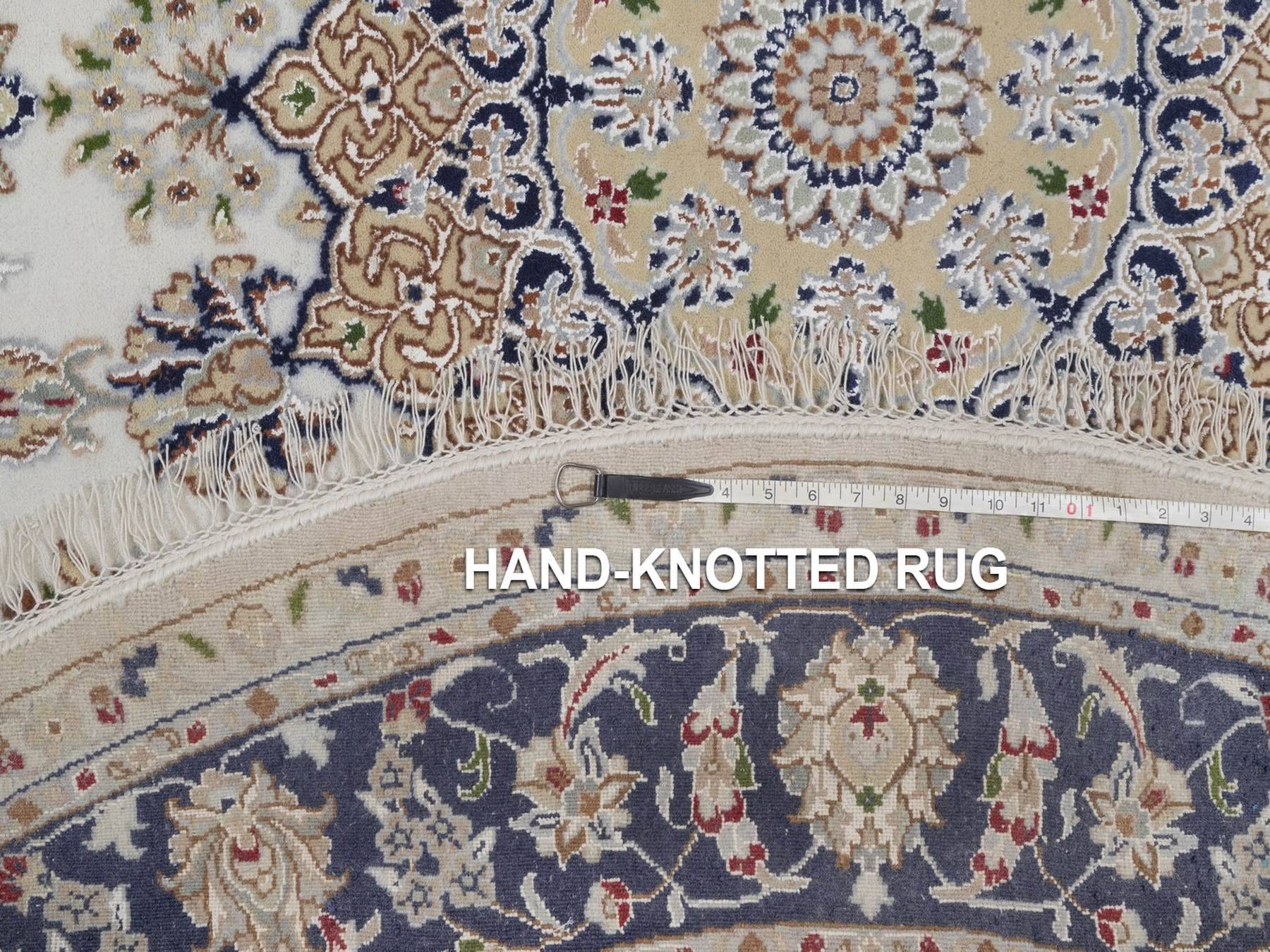 7'5"x7'5" Pearl White, Wool and Silk, 250 KPSI, Nain with Flower Medallion Design, Hand Knotted, Soft Pile, Round, Oriental Rug HR92027 - Image 8