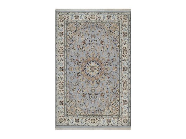 6'1"x9'4" Beau Blue, Nain with Flower Medallion Design, Wool and Silk, 250 KPSI, Soft Pile, Hand Knotted, Oriental Rug HR92028
