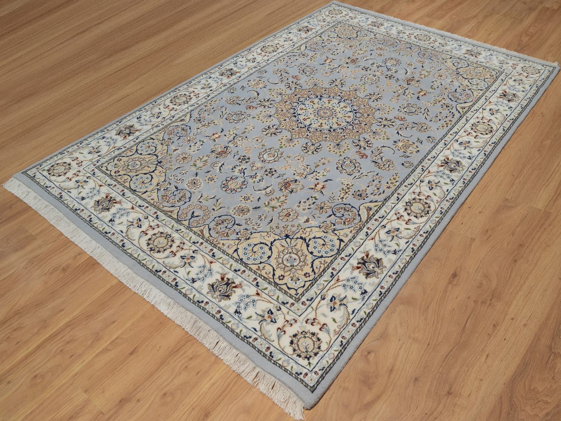 6'1"x9'4" Beau Blue, Nain with Flower Medallion Design, Wool and Silk, 250 KPSI, Soft Pile, Hand Knotted, Oriental Rug HR92028 - Image 3