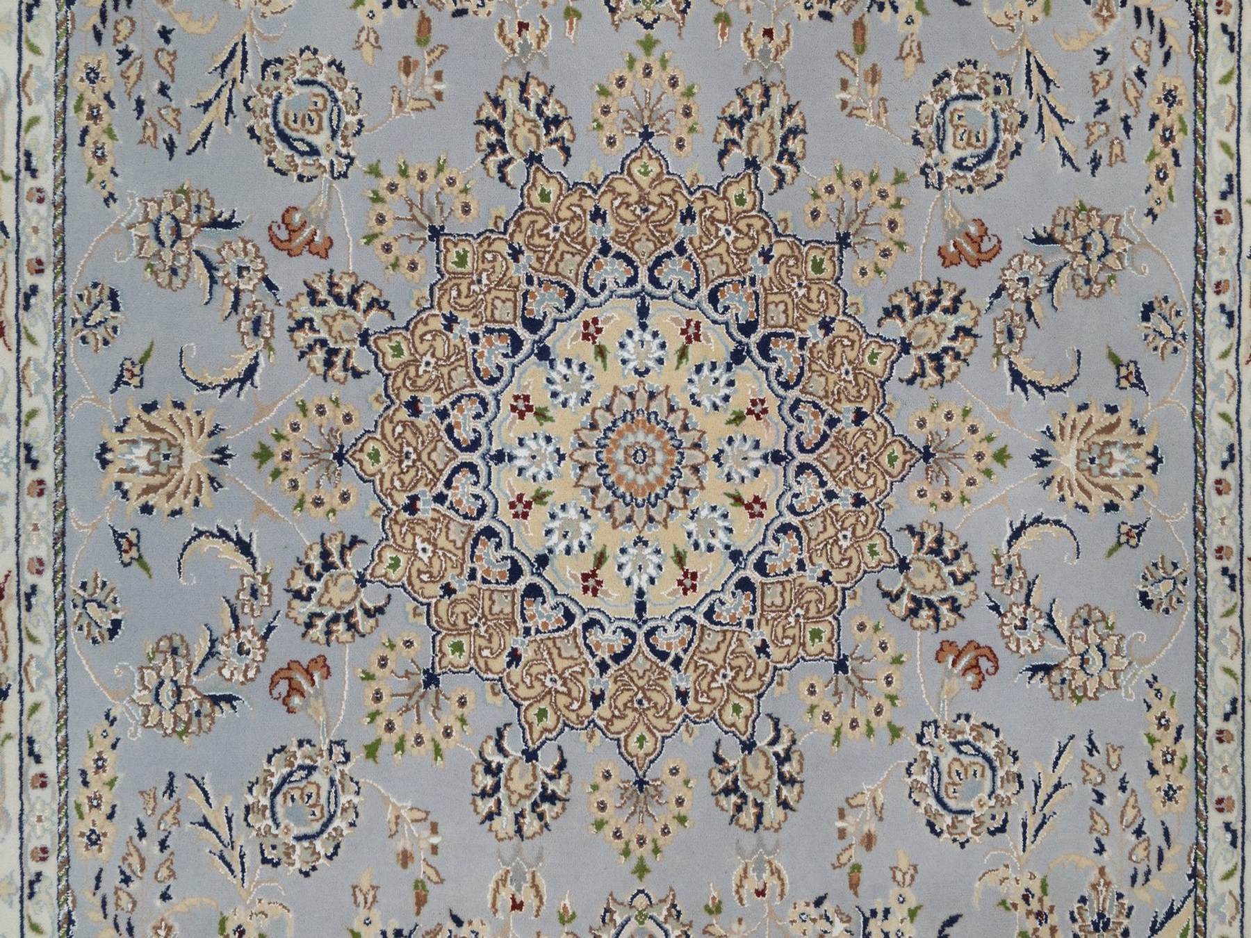 6'1"x9'4" Beau Blue, Nain with Flower Medallion Design, Wool and Silk, 250 KPSI, Soft Pile, Hand Knotted, Oriental Rug HR92028 - Image 8