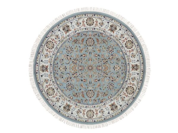 5'2"x5'2" Pigeon Blue, 250 KPSI, Hand Knotted, Nain with Flower Medallion Design, Wool and Silk, Round, Oriental Rug HR92029