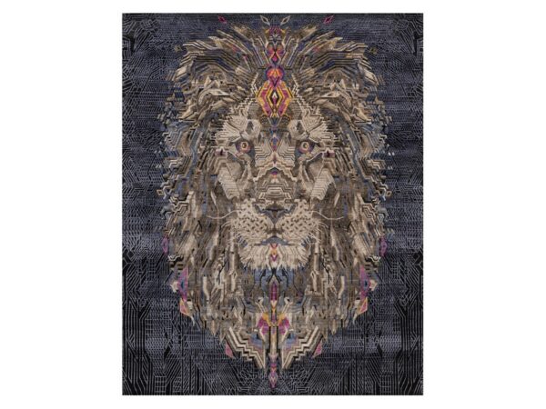 7'10"x10'1" Onyx Black with Brown, The Maharaja Lion Novelty, Soft Pile, Wool and Silk, Hand Knotted, Oriental Rug HR92049