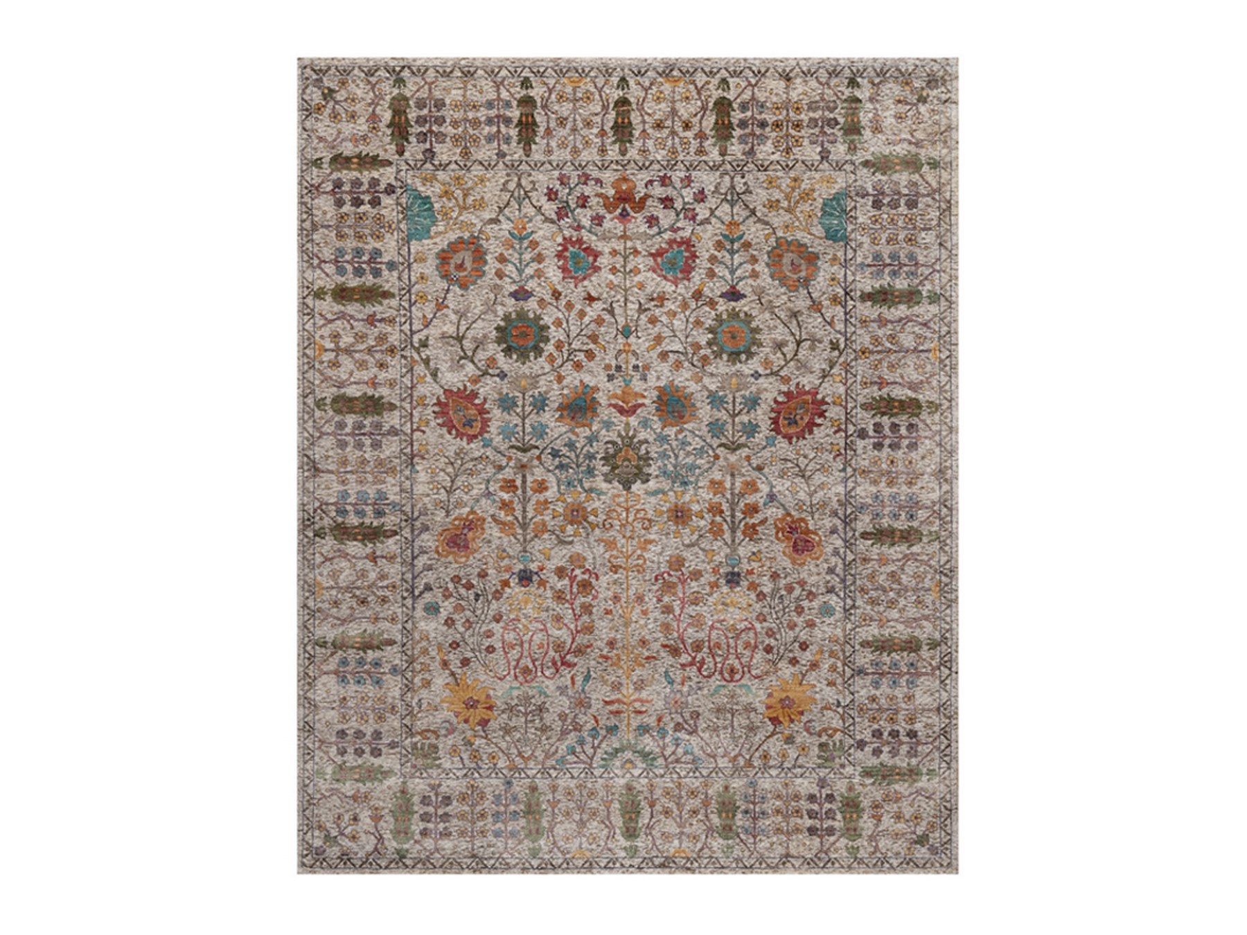 8'x10' Pearl White, Hand Knotted, Directional Vase Design, Silk with Textured Wool, Oriental Rug HR92053