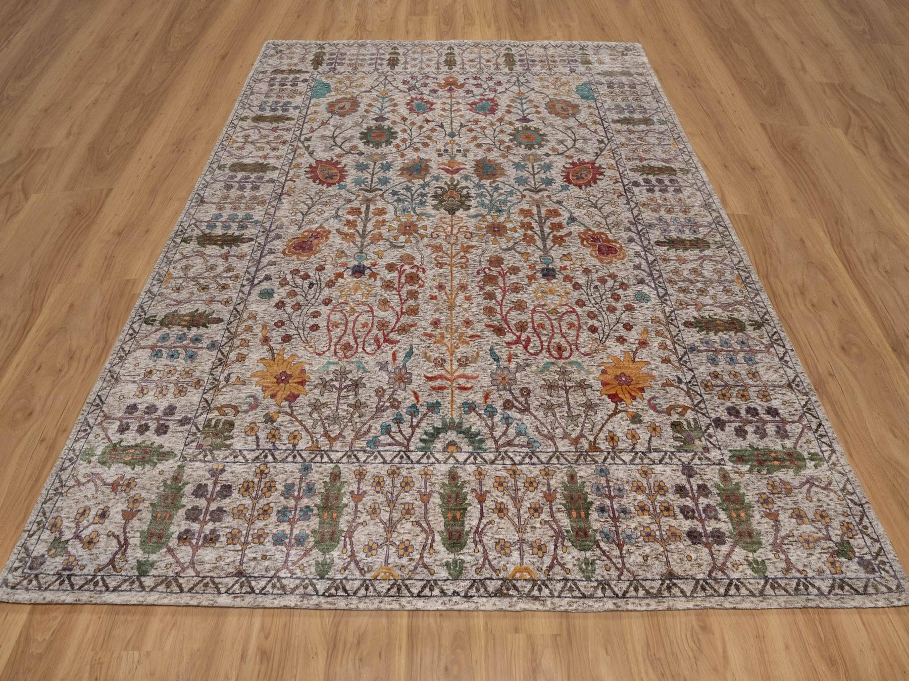 8'x10' Pearl White, Hand Knotted, Directional Vase Design, Silk with Textured Wool, Oriental Rug HR92053 - Image 2