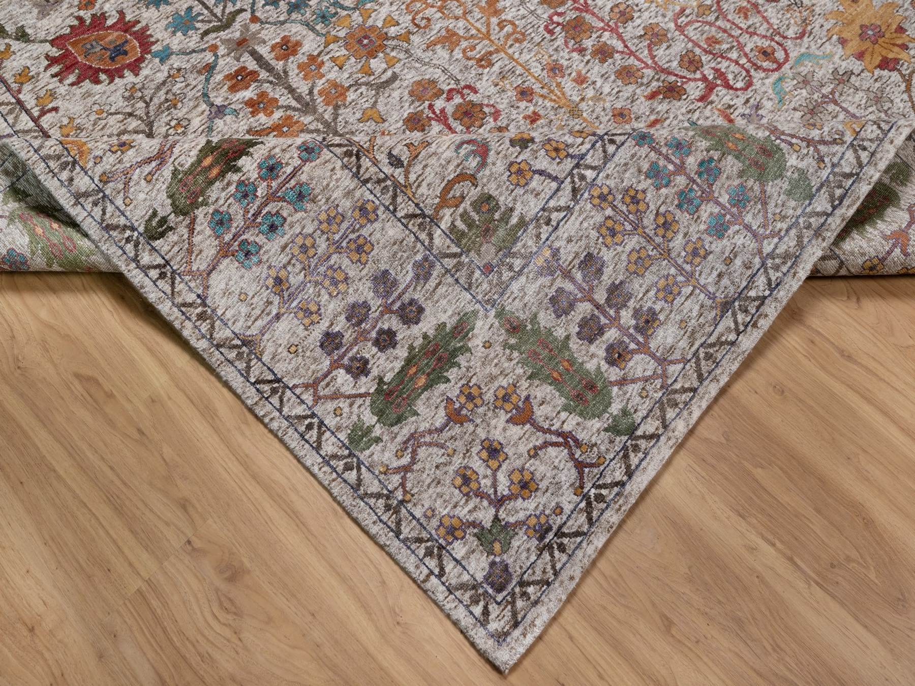 8'x10' Pearl White, Hand Knotted, Directional Vase Design, Silk with Textured Wool, Oriental Rug HR92053 - Image 6