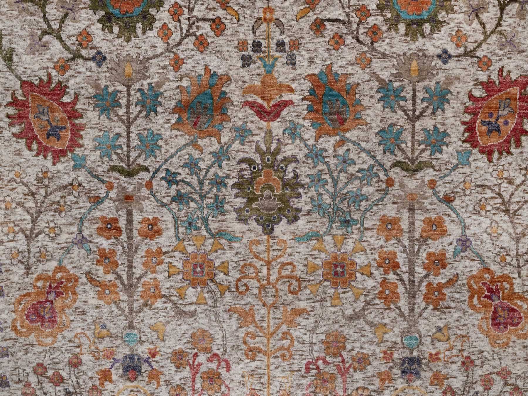 8'x10' Pearl White, Hand Knotted, Directional Vase Design, Silk with Textured Wool, Oriental Rug HR92053 - Image 8